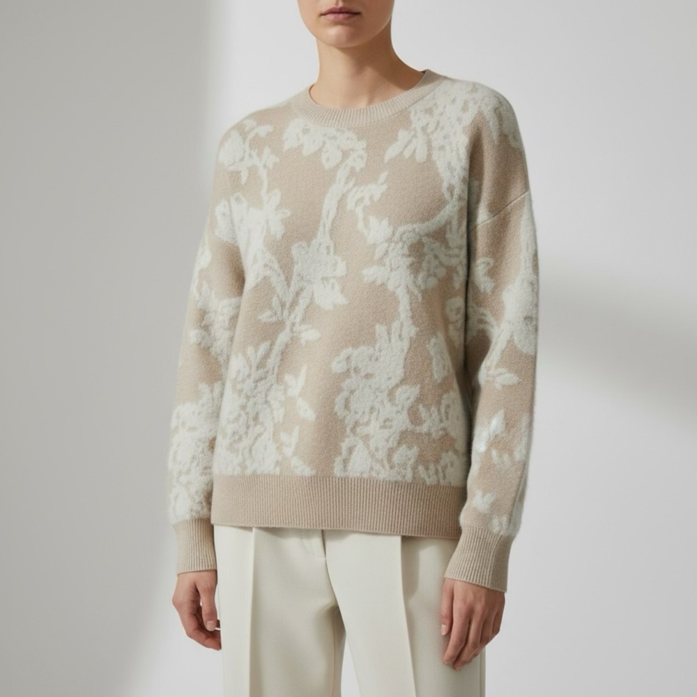 GEMMA + JANE Chic Beige Floral Neck Sweater size XL Earth Pastel Colour Warm